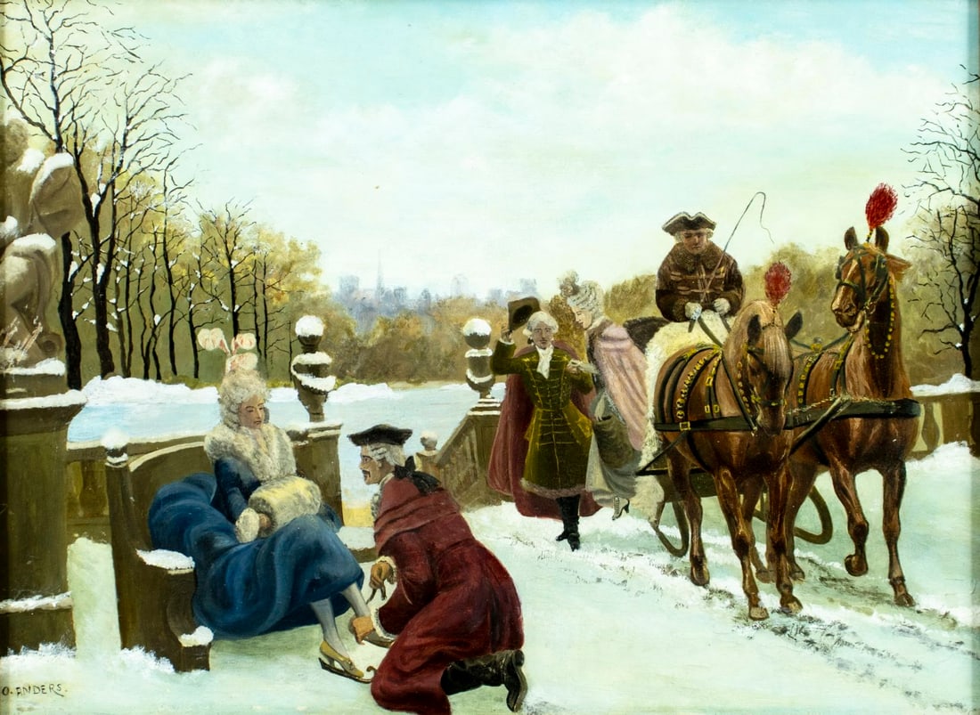 O Anders (20C) oil painting: ARTIST: O Anders (20 century) TITLE: Winter Scene MEDIUM: oil on board CONDITION: Few minor paint losses. Some craquelure. No visible inpaint under UV light. Some damages to