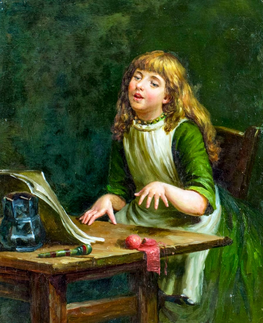 Antique early 20C American oil painting: ARTIST: - (American, 19/20 centuries) TITLE: Girl at Table MEDIUM: oil on canvas. Canvas applied to board. CONDITION: Minor paint losses along edges. Minor craquelure. No