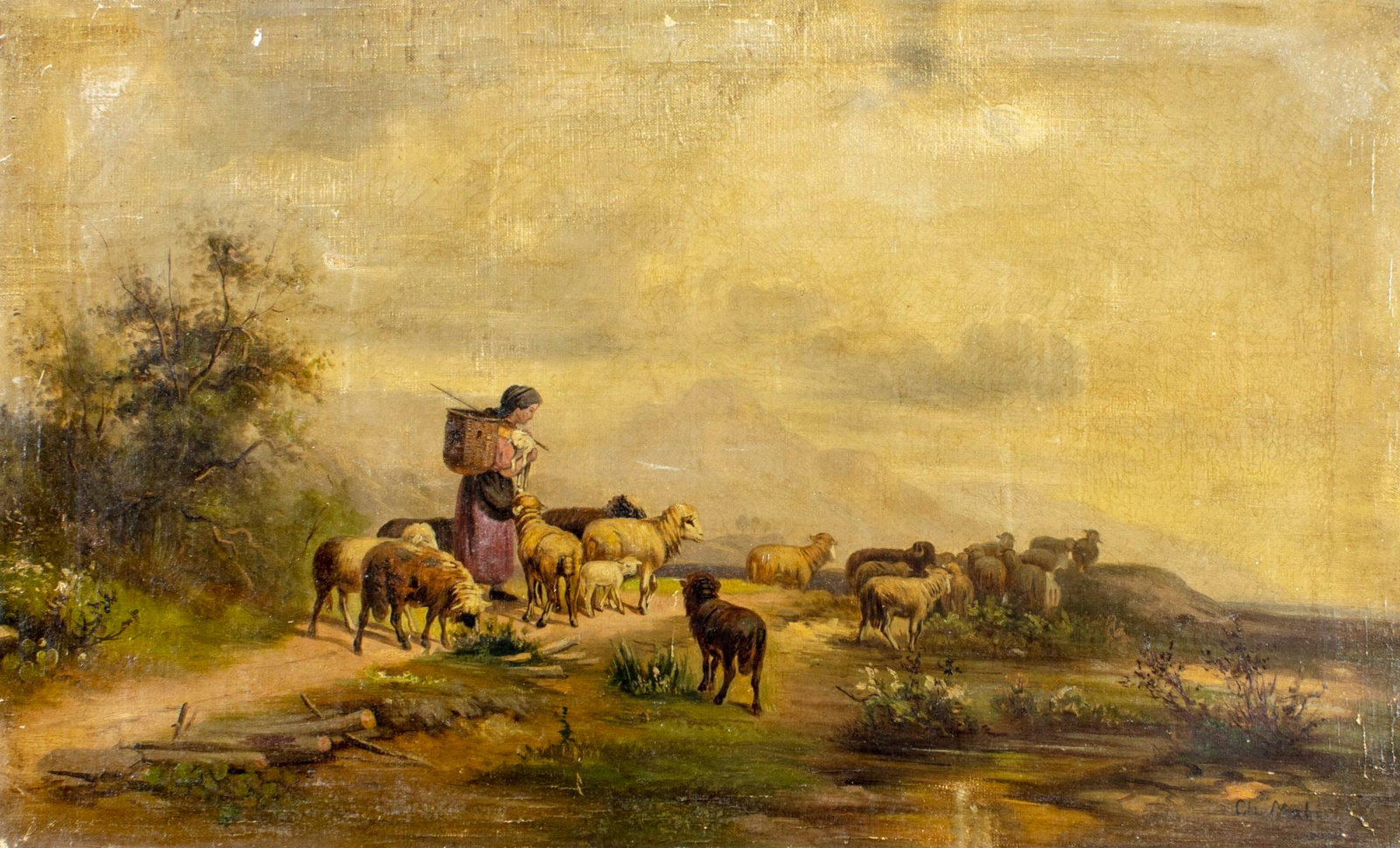 ATTR Christian Mali (German,1832-1906) oil painting antique: ARTIST: ATTRIBUTED TO Christian Friedrich Mali (Germany, 1832 - 1906) TITLE: Landscape with Sheep (titled on verso) MEDIUM: oil on canvas CONDITION: One patch. Some small