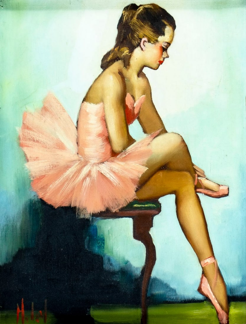 Vintage mid 20C French oil painting signed: ARTIST: - (France, mid 20 century) TITLE: Seated Ballerina MEDIUM: oil on canvas CONDITION: Very minor craquelure. Few very minor paint losses. No visible inpaint under UV l