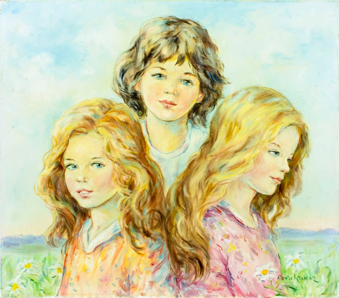 Alanta Krawor (France,1899-1987) oil painting: ARTIST: Alanta Krawor (French, 1899 - 1987) TITLE: Three Girls MEDIUM: oil on canvas CONDITION: Overall good. No visible inpaint under UV light. ART SIZE: