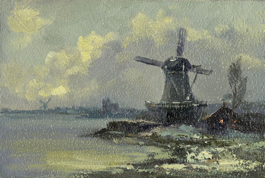 Stanislav Nemirovsky (Ukraine,b 1963) oil painting: ARTIST: Stanislav Vladimirovich Nemirovsky (Ukraine, born 1963) TITLE: Landscape with Windmill MEDIUM: oil on board CONDITION: Very good. No visible inpaint under UV light.<