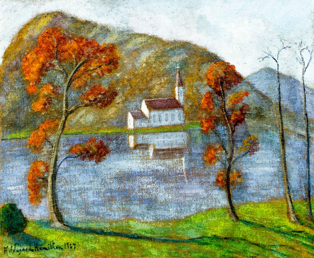 Hildegarde Hamilton (FL,VA,1898-1970) oil painting: ARTIST: Hildegarde Hume Hamilton (Florida, Virginia, 1898 - 1970) TITLE: St Johns Episcopal Church Landscape, Huntington, NY YEAR: 1967 MEDIUM: oil on canvas CO