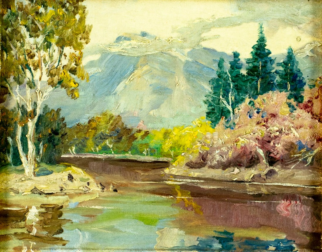 Vintage mid 20C American oil painting: ARTIST: - (American, mid 20 century) TITLE: Autumn Mountain River Landscape MEDIUM: oil on canvas board CONDITION: Few minor paint losses. No visible inpaint under UV ligh