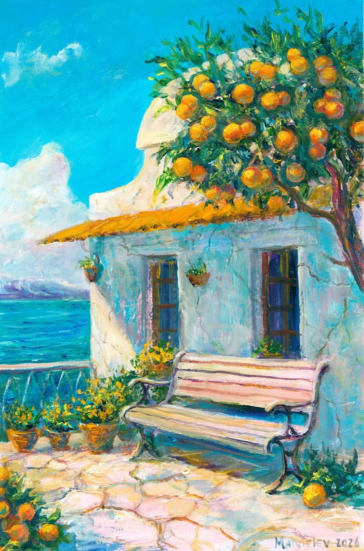 Andriy Matveiev (Ukraine,b 1988) oil painting: ARTIST: Andriy Matveiev (Ukrainian, born 1988) TITLE: Cottage Landscape MEDIUM: oil on heavy paper CONDITION: Very good. No visible inpaint under UV light. ART SI