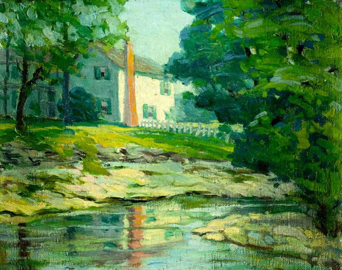Antique early 20C oil painting: ARTIST: - (early 20 century) TITLE: River Landscape with Cottage MEDIUM: oil on canvas. Canvas applied to board. CONDITION: Few minor paint losses. Minor craquelure. No vi