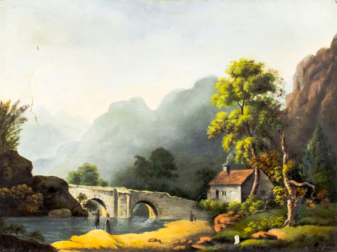 Antique 19C American oil painting: ARTIST: - (American, 19 century) NAME: Country Landscape MEDIUM: oil on canvas CONDITION: Two punctures. One tear partially repaired. Four patches. Some craquelure. Some scattered inpaiting.