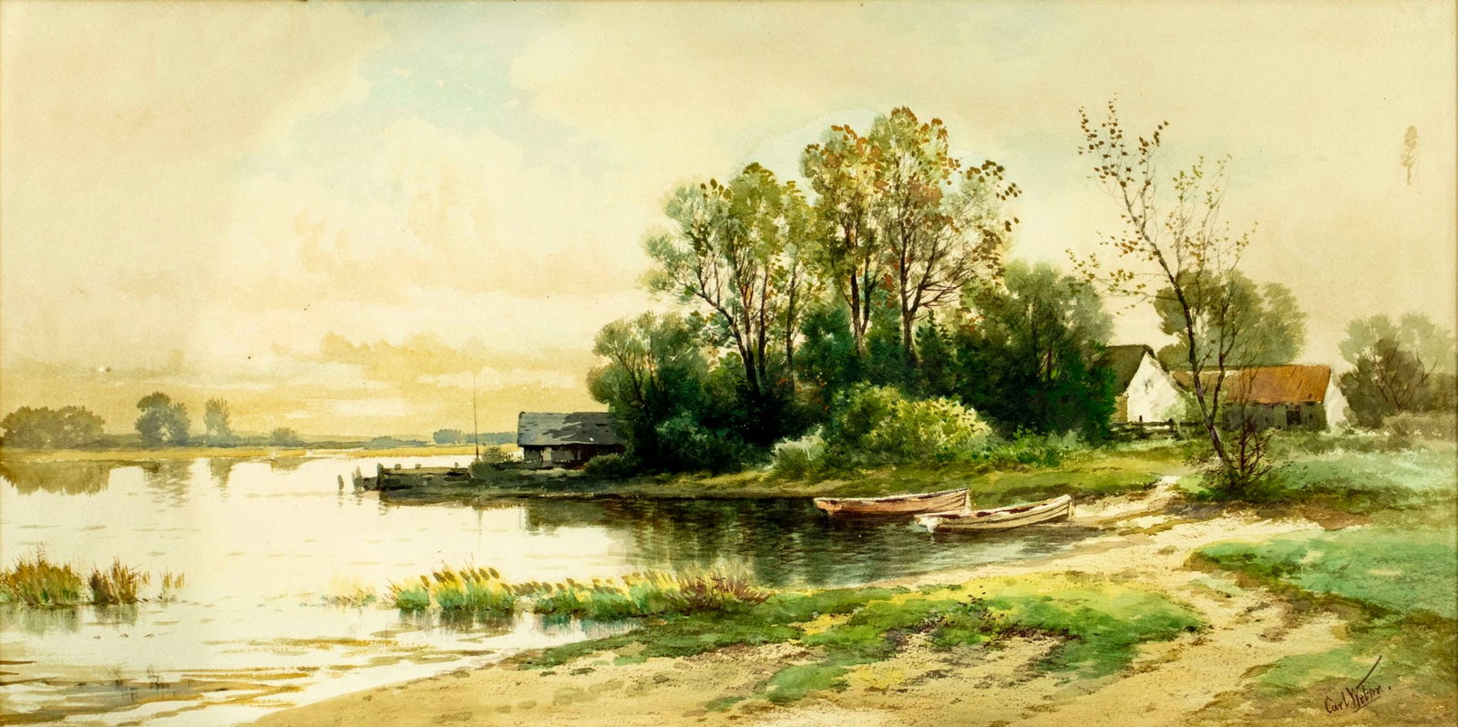 Carl Weber (PA,German,1850-1921) watercolor painting antique: ARTIST: Carl Weber (Germany, Pennsylvania, 1850 - 1921) TITLE: Country River Landscape with Boats MEDIUM: watercolor on paper CONDITION: Some age toning. Framed under glas