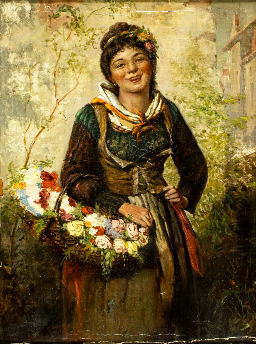 Edwin Thomas Roberts (UK,1840-1917) oil painting antique: ARTIST: Edwin Thomas Roberts (United Kinhdom, 1840 - 1917) TITLE: Woman with Basket of Flowers YEAR: 1889 MEDIUM: oil on canvas CONDITION: Two repaired t
