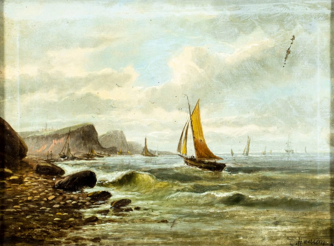 Edward Heaton (UK,1824-?) oil painting antique: ARTIST: Edward Heaton (United Kingdom, 1824 - ???) TITLE: Seascape with Sailboats MEDIUM: oil on canvas CONDITION: Few small patches. Minor damages to the lower corners of