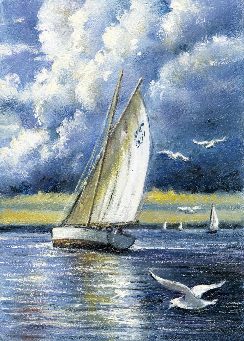 Vladimir Fenot (Ukraine,b 1970) oil painting: ARTIST: Vladimir Mikhailovich Fenot (Ukraine, born 1970) TITLE: Seascape with Sailboat and Gulls MEDIUM: oil on board CONDITION: Very good. No visible inpaint under UV light