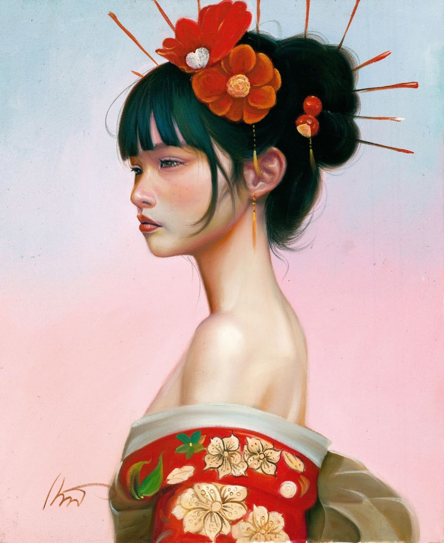 Attchai Cherehon (Thai,b 1980) oil painting: ARTIST: Attchai Cherehon (Thailand, born 1980) TITLE: Portrait of Japanese Woman in Kimono MEDIUM: oil on canvas CONDITION: Very good. No visible inpaint under UV light.