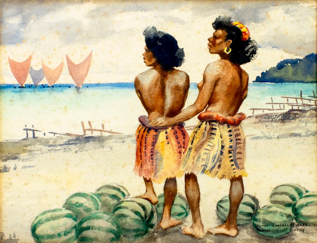 John Lavalle (MA,NY,1896-1971) watercolor painting: ARTIST: John Lavalle (Massachusetts, New York, 1896 - 1971) TITLE: Waiting for the Fishing Fleet, Papua (titled on verso) YEAR: 1959 MEDIUM: watercolor on paper