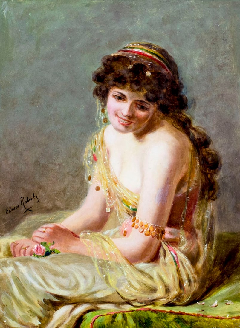 Edwin Thomas Roberts (UK,1840-1917) oil painting antique: ARTIST: Edwin Thomas Roberts (British, 1840 - 1917) TITLE: Oriental Woman MEDIUM: oil on canvas CONDITION: Few minor paint losses. Minor craquelure. Some inpainting along