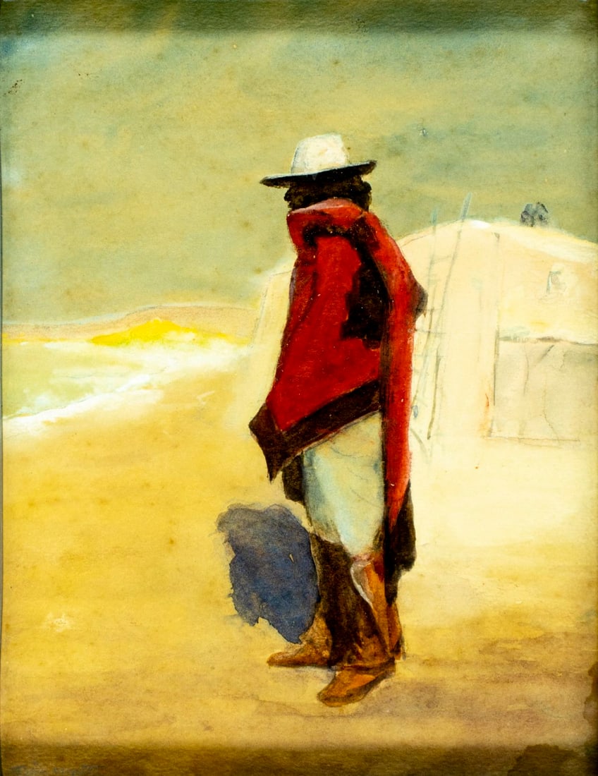 Vintage mid 20C American watercolor painting signed: ARTIST: - (American, mid 20 century) TITLE: Indian Man MEDIUM: watercolor on paper CONDITION: Some age toning. Few minor paint losses. Framed under glass. Wear to frame.