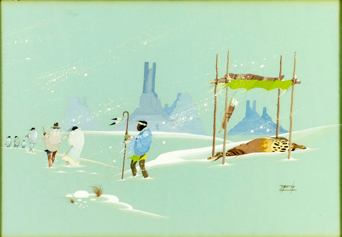 Donald Vann (OK,20C) tempera painting: ARTIST: Donald Vann (Oklahoma, 20 century) TITLE: The Last Good Bye YEAR: 1969 MEDIUM: tempera on paper CONDITION: Minor age toning. Framed under glass.