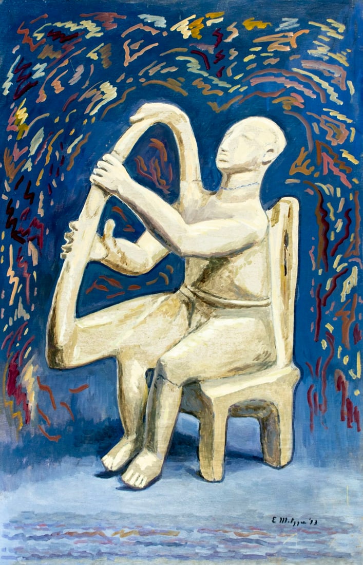 Evelyn Metzger (NY,Brazil,1911-2007) oil painting: ARTIST: Evelyn Borchard Metzger (New York, Brazilian, 1911 - 2007) TITLE: Cycladic Harpist Sculpture YEAR: 1993 MEDIUM: oil on board CONDITION: Some sc