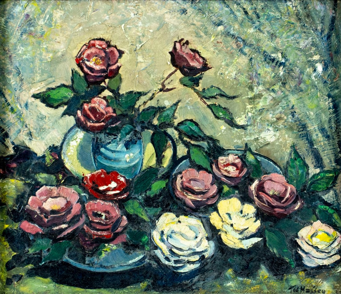 T W Massey (US,mid 20C) oil painting: ARTIST: T W Massey (American, mid 20 century) TITLE: Still Life with Roses MEDIUM: oil on board CONDITION: Minor craquelure. No visible inpaint under UV light. Some small da