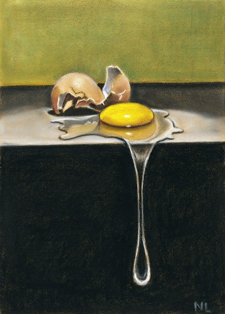 Natalia Lebedeva (Ukraine,20/21C) pastel painting: ARTIST: Natalia Lebedeva (Ukraine, 20/21 centuries) TITLE: Still Life with Cracked Egg MEDIUM: pastel on heavy paper CONDITION: Very good. ART SIZE: 12 x