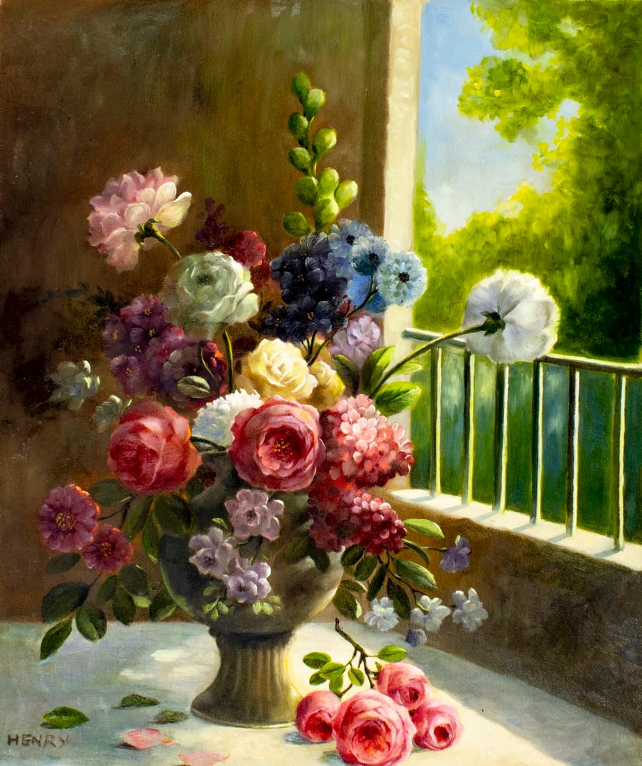 C S Henry (Europe,20C) oil painting: ARTIST: C S Henry (European, 20 century) TITLE: Still Life with Vase of Flowers MEDIUM: oil on canvas CONDITION: Unstretched (In-House stretching available) (In-House stretc