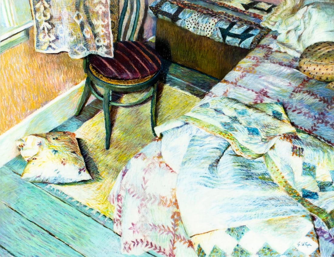 S W Rae (US,20C) pastel painting: ARTIST: S W Rae (American, 20 century) TITLE: Interior Scene MEDIUM: pastel on paper CONDITION: Overall good. Framed under glass. Wear to frame. ART SIZE: