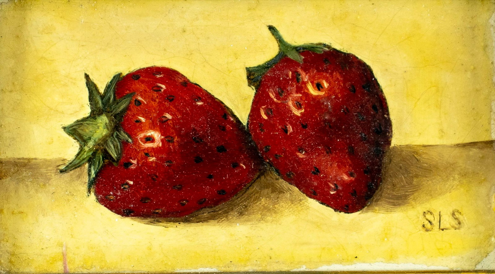 Vintage 20C American oil painting: ARTIST: - (American, 20 century) TITLE: Still Life with Strawberries MEDIUM: oil on board CONDITION: Minor craquelure. No visible inpaint under UV light. Minor damages to fr