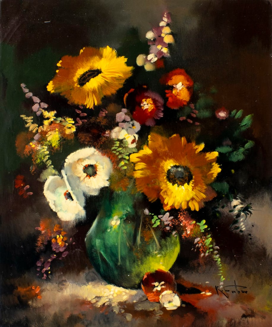 R Faber (Europe,20C) oil painting: ARTIST: R Faber (European, 20 century) TITLE: Still Life with Vase of Flowers MEDIUM: oil on canvas CONDITION: Unstretched (In-House stretching available) (In-House stretchi