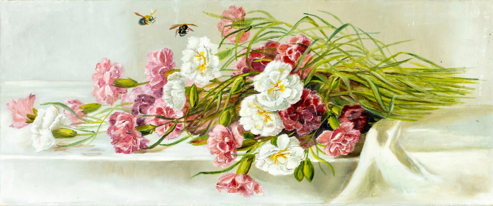 Antique early 20C American oil painting: ARTIST: - (American, early 20 century) TITLE: Floral Still Life MEDIUM: oil on canvas CONDITION: Some scratches/paint losses mostly along the right edge. No visible inpain