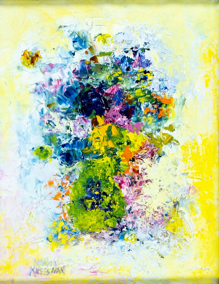 Mariam Kreisman (US,20C) oil painting: ARTIST: Mariam Kreisman (American, 20 century) TITLE: Still Life with Vase of Flowers MEDIUM: oil on canvas CONDITION: Overall good. No visible inpaint under UV light. Minor