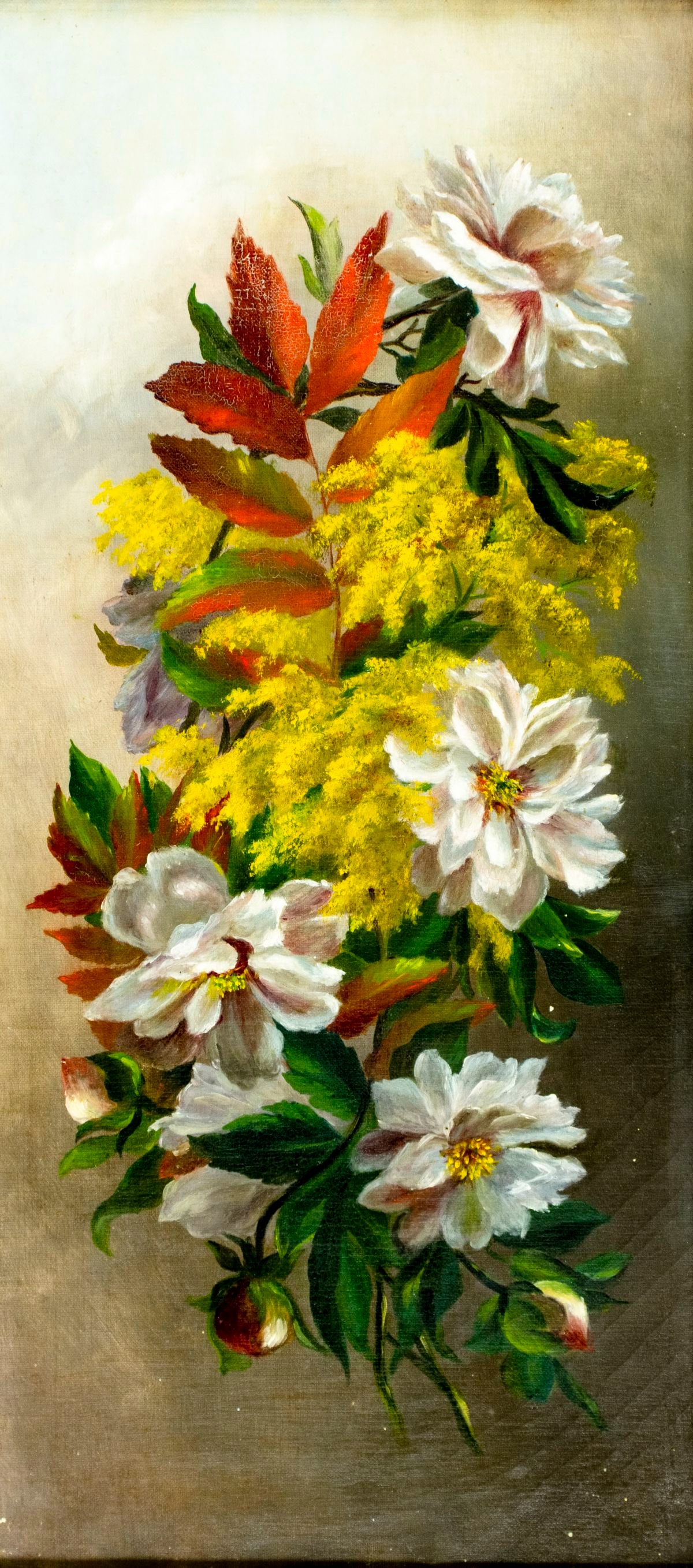 Antique early 20C European oil painting: ARTIST: - (Europe, early 20 century) TITLE: Floral Still Life MEDIUM: oil on canvas CONDITION: Some paint losses. Some craquelure. No visible inpaint under UV light. Some