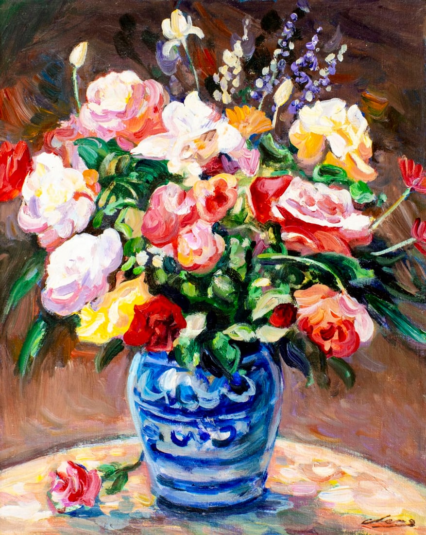 Cheng (20C) oil painting: ARTIST: Cheng (20 century) TITLE: Still Life with Vase of Flowers MEDIUM: oil on canvas CONDITION: Unstretched (In-House stretching available) (In-House stretching available