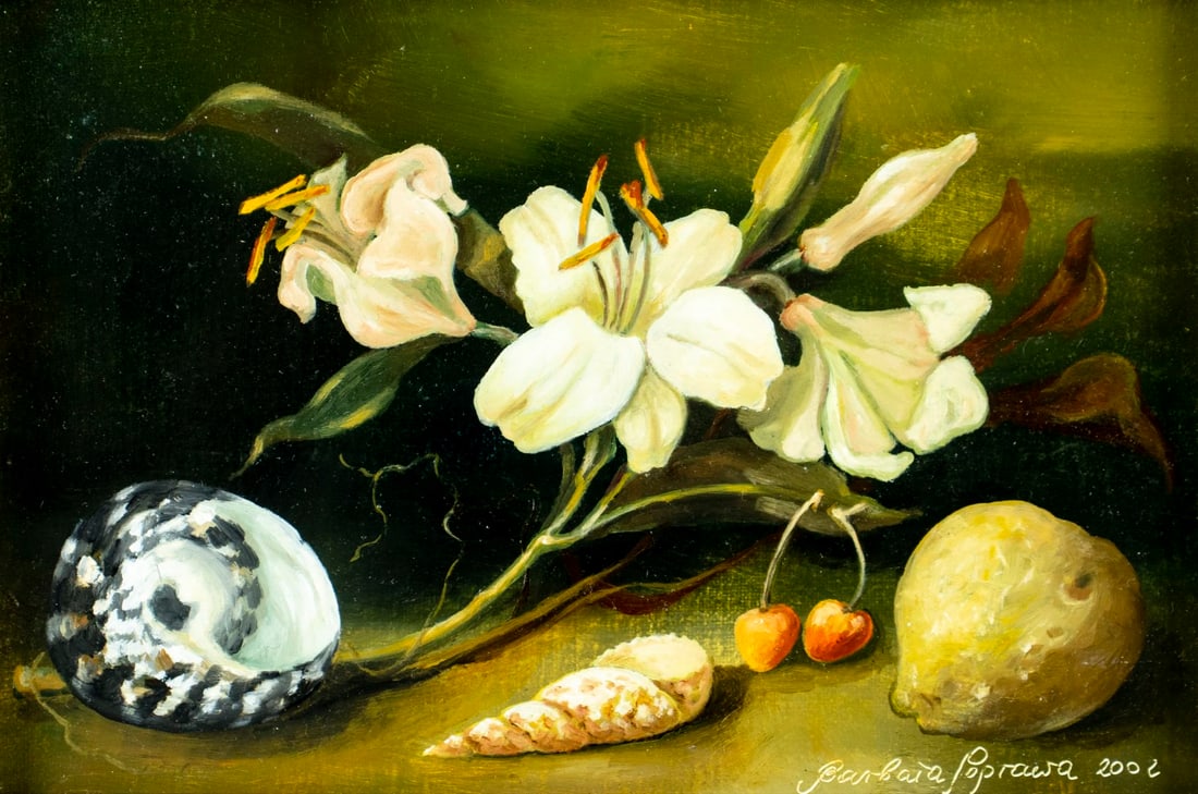 Barbara Poprawa (Poland,20/21C) oil painting: ARTIST: Barbara Poprawa (Polish, 20/21 centuries) TITLE: Still Life with Flowers and Shells - Martwa Natura (titled on verso) YEAR: 2002 MEDIUM: oil on canvas CON
