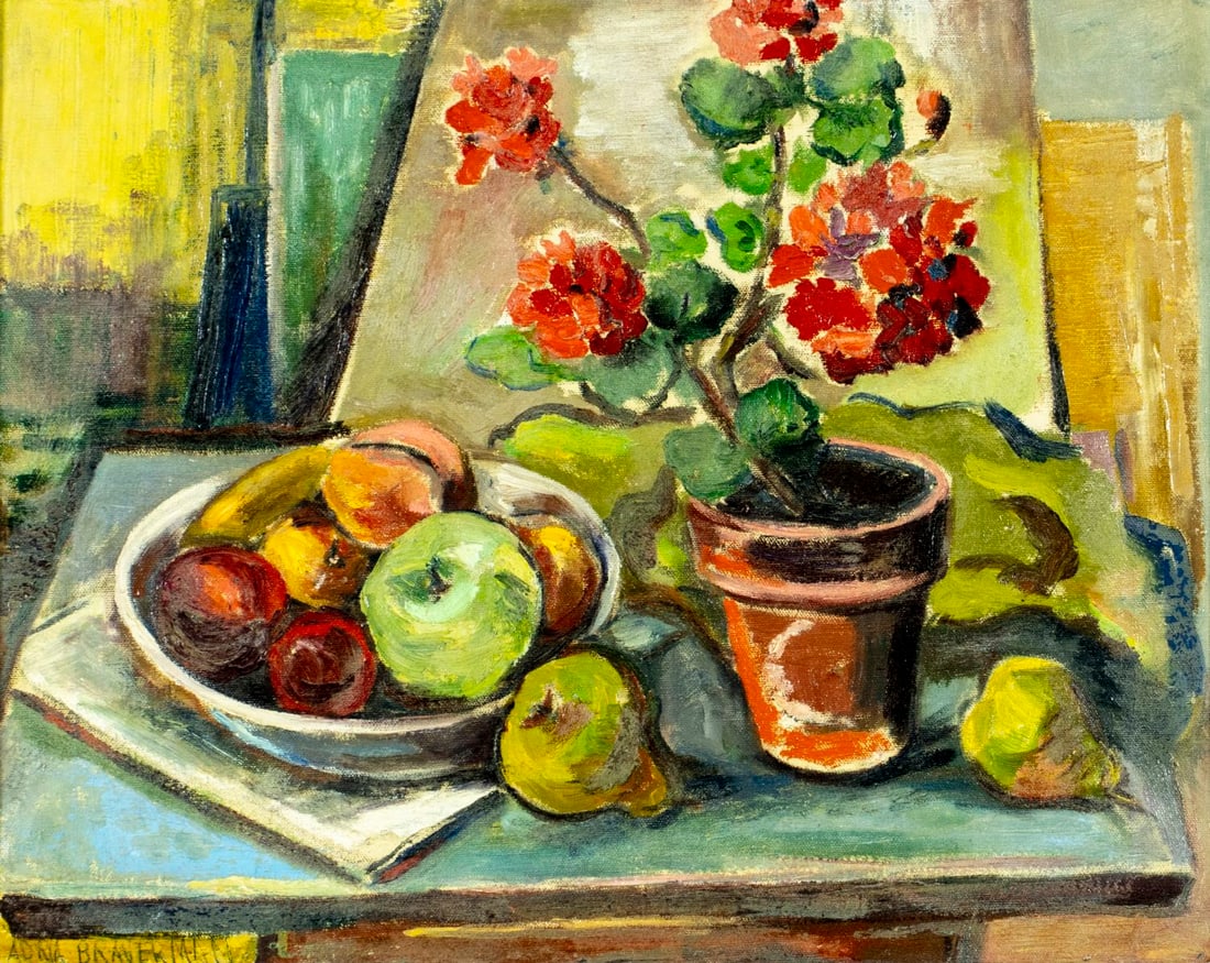 Adria T Braverman (US,early 20C) oil painting antique: ARTIST: Adria T Braverman (American, early 20 century) TITLE: Fruits and Flowers (titled on label) YEAR: 1986 MEDIUM: oil on canvas CONDITION: Overall go