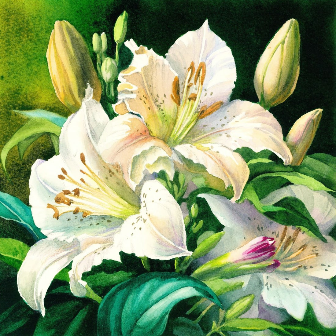 Aleksandra Karaulna (Ukraine,b 1996) watercolor painting: ARTIST: Aleksandra Karaulna (Ukraine, born 1996) TITLE: Still Life with White Lilies MEDIUM: watercolor on heavy paper CONDITION: Very good. ART SIZE: 9