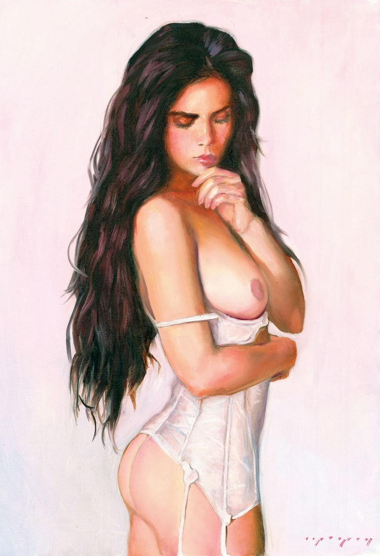 Igor Grey (Ukraine,b 1975) oil painting: ARTIST: Igor Grey (Ukrainian, born 1975) TITLE: Nude in Lingerie - Undone (titled on verso) MEDIUM: oil on canvas CONDITION: Unstretched (In-House stretching available). Ver
