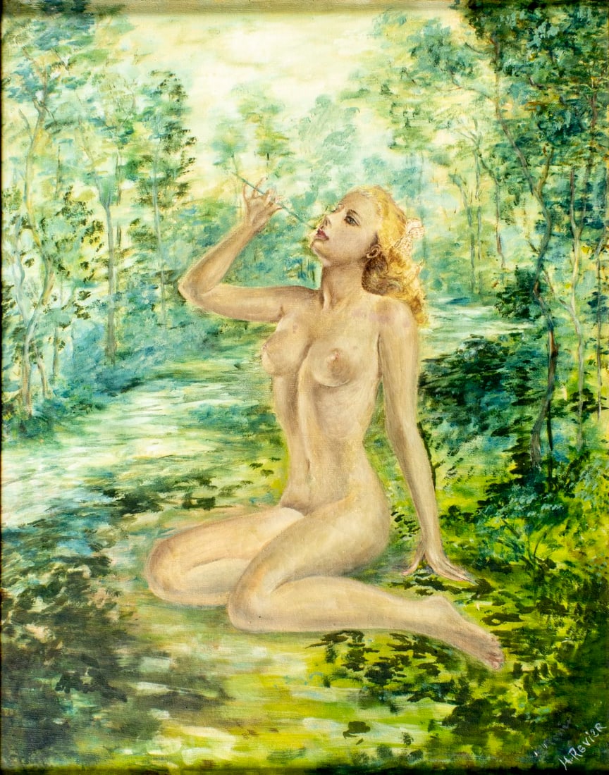H Revier (US,early 20C) oil painting antique: ARTIST: H Revier (American, early 20 century) TITLE: Nude in Forest MEDIUM: oil on canvas CONDITION: Minor paint losses. Some craquelure. Few scattered small inpaintings (bi