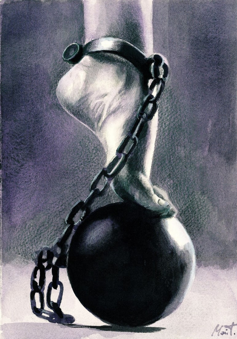 Tatiana Moiseenko (Ukraine,b 1997) watercolor painting: ARTIST: Tatiana Moiseenko (Ukraine, born 1997) TITLE: Foot with Ball and Chain MEDIUM: watercolor on heavy paper CONDITION: Very good. ART SIZE: 9 x 7 in