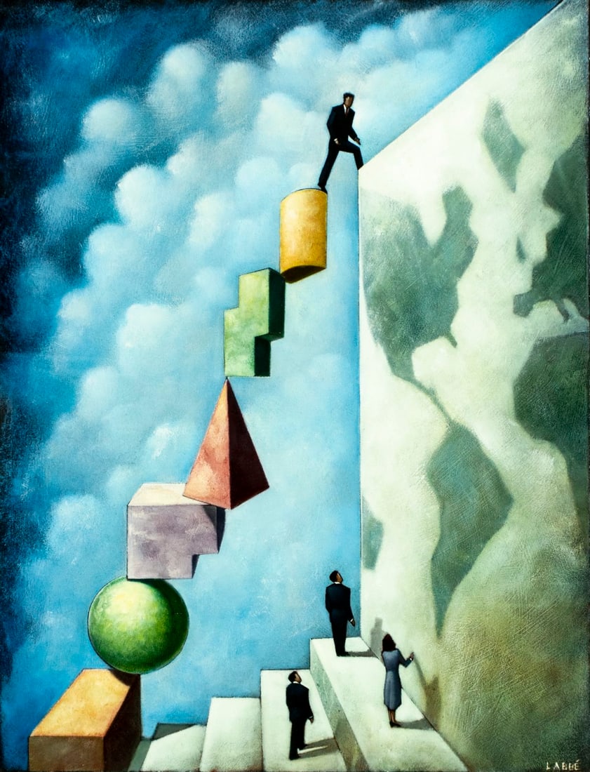 Labbe (Europe,20C) oil painting: ARTIST: Labbe (European, 20 century) TITLE: Surreal Composition with Figures MEDIUM: oil on paper CONDITION: Very good. Framed under glass. Wear to frame. ART SIZ