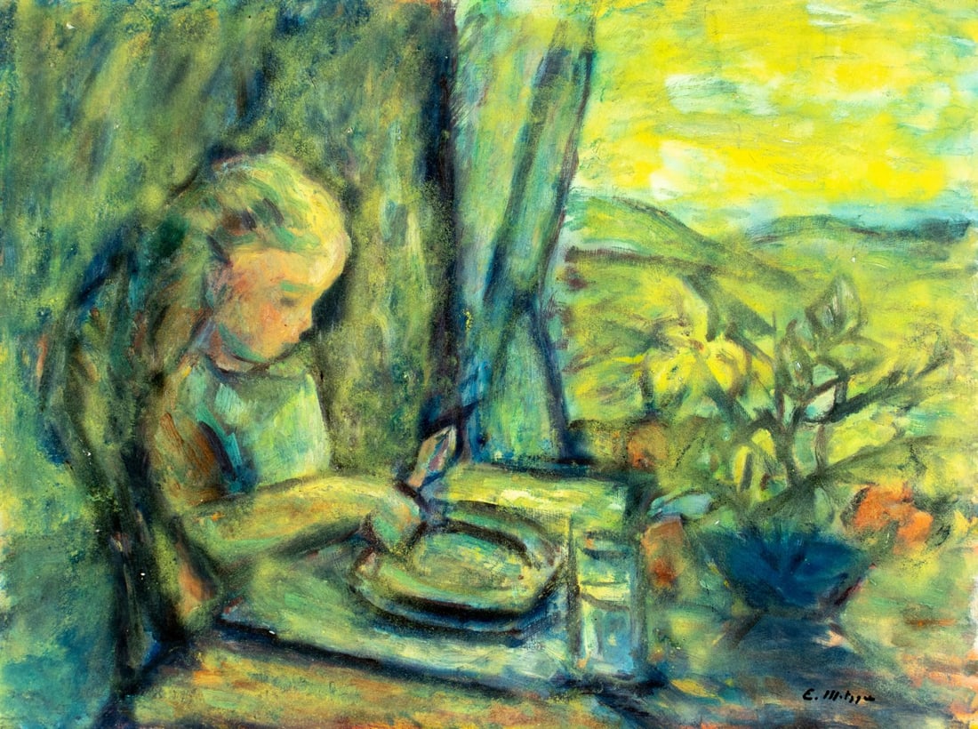 Evelyn Metzger (NY,Brazil,1911-2007) oil painting: ARTIST: Evelyn Borchard Metzger (New York, Brazilian, 1911 - 2007) TITLE: Child at Table MEDIUM: oil on board CONDITION: Some small scratches/paint losses. No visible inpa