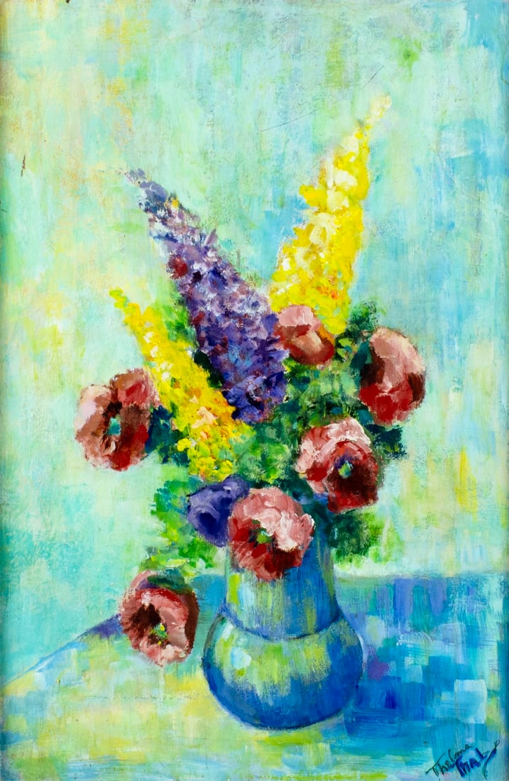 Thelma Thal (NY,1903-2001) oil painting: ARTIST: Thelma Thal (New York, 1903 - 2001) TITLE: Still Life with Vase of Flowers MEDIUM: oil on board CONDITION: Some paint losses. Few scratches. Few small inpaintings.
