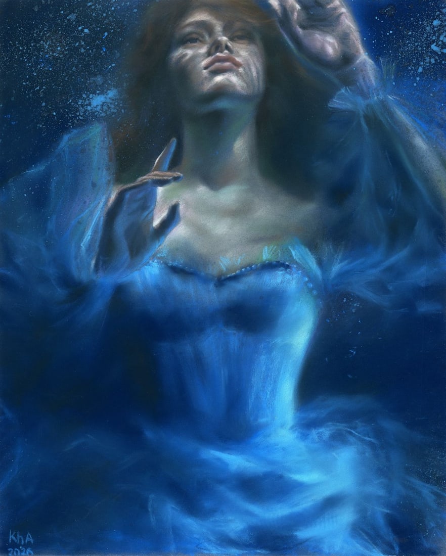 Elena Khafuz (Ukraine,b 1991) pastel painting: ARTIST: Elena Khafuz (Ukrainian, born 1991) TITLE: Woman Underwater MEDIUM: pastel on heavy paper CONDITION: Very good. ART SIZE: 12 x 10 inches / 30 x 2