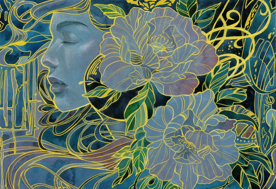 Polina Zarubenko (Ukraine,20/21C) mixed media painting: ARTIST: Polina Zarubenko (Ukraine, 20/21 centuries) TITLE: Woman with Flowers MEDIUM: mixed media on heavy paper CONDITION: Very good. ART SIZE: 8 x 12 i