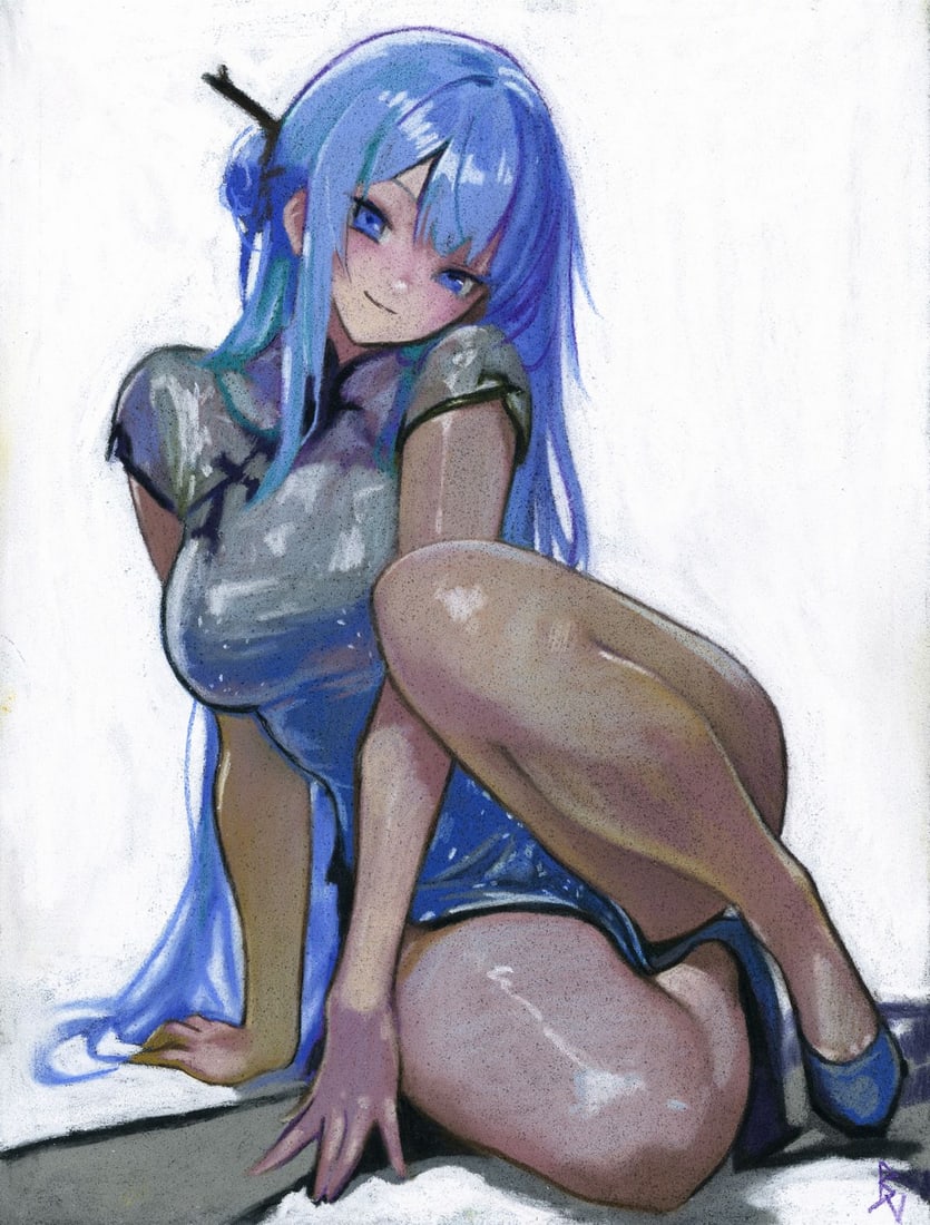 Victoria Borisova (Ukraine,20/21C) pastel painting: ARTIST: Victoria Borisova (Ukraine, 20/21 centuries) TITLE: Seated Woman with Blue Hair MEDIUM: pastel on heavy paper CONDITION: Very good. ART SIZE: 9 x