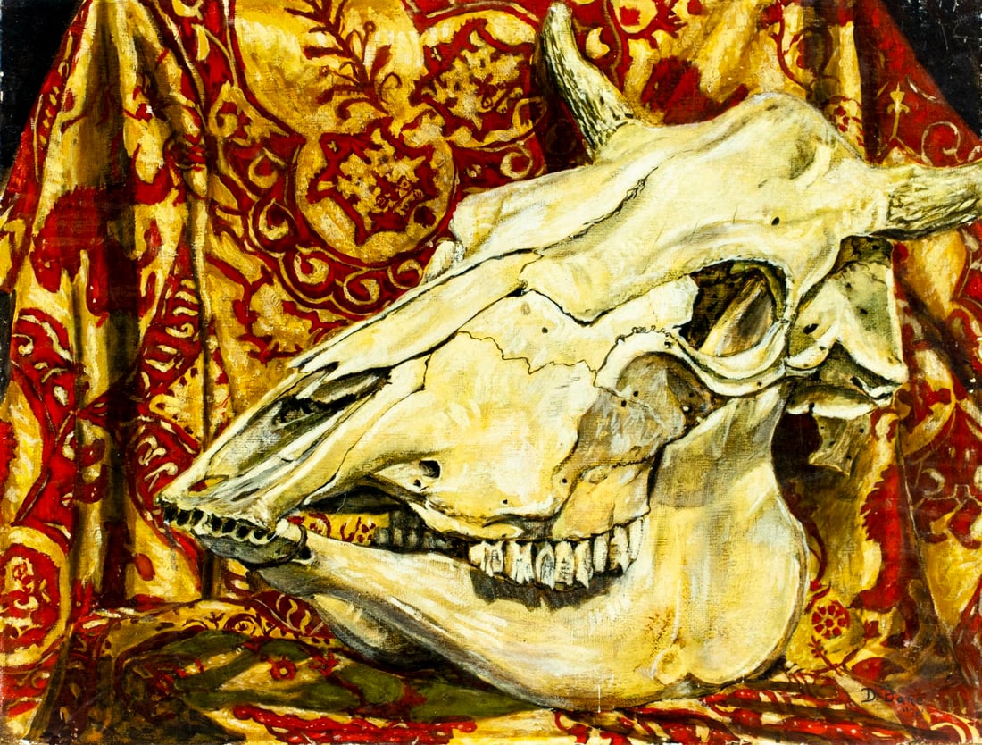 D Bane (US,20C) oil painting 2-sided: ARTIST: D Bane (American, 20 century) TITLE: Still Life with Skull YEAR: 1970 MEDIUM: oil on board CONDITION: Minor damages to corners. Some scratches/pa
