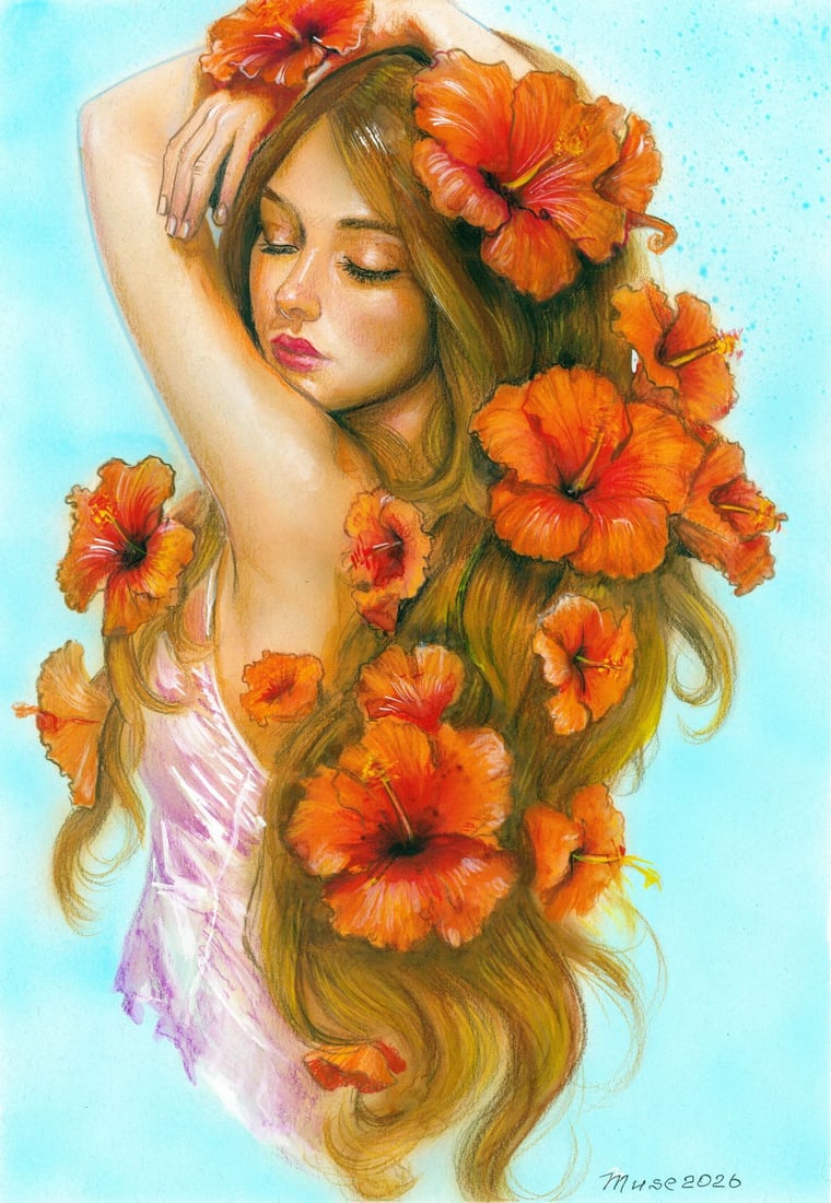 Olga Dolgikova (Ukraine,b 1967) acrylic painting: ARTIST: Olga Dolgikova (Ukrainian, born 1967) TITLE: Portrait of Woman with Flowers MEDIUM: acrylic on heavy paper CONDITION: Very good. ART SIZE: 15 x 1