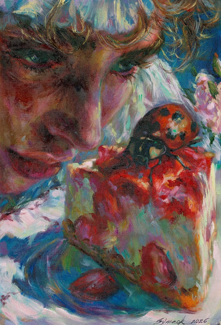 Tatiana Synieok (Ukraine,20/21C) oil painting: ARTIST: Tatiana Synieok (Ukrainian, 20/21 centuries) TITLE: Woman and Ladybug MEDIUM: oil on heavy paper CONDITION: Very good. No visible inpaint under UV light.