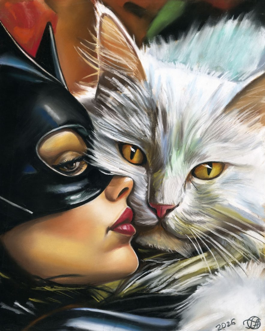 Genadiy Achkasov (Ukraine,b 1965) pastel painting: ARTIST: Genadiy Achkasov (Ukrainian, born 1965) TITLE: Catwoman with Cat MEDIUM: pastel on heavy paper CONDITION: Few minor scratches/paint losses. ART SIZE: