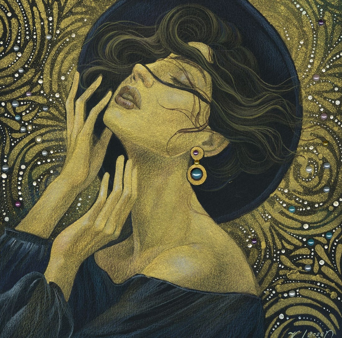 Olena Kalmus (Ukraine,b 1996) mixed media painting: ARTIST: Olena Kalmus (Ukrainian, born 1996) TITLE: Woman with Earrings MEDIUM: mixed media on heavy paper CONDITION: Very good. ART SIZE: 8 x 8 inches /