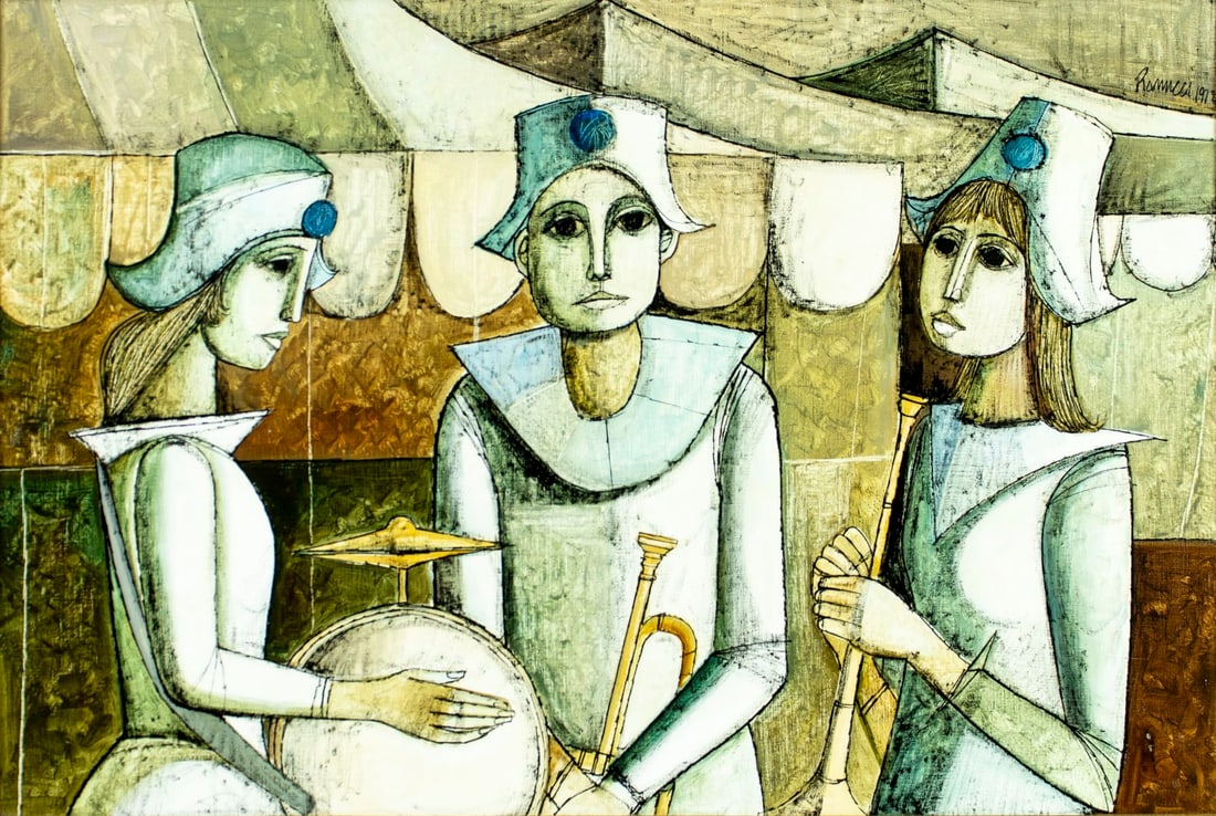Lucio Ranucci (Italy,1924-2017) oil painting: ARTIST: Lucio Ranucci (Italian, 1924 - 2017) TITLE: Three Musicians YEAR: 1972 MEDIUM: oil on canvas CONDITION: Overall good. No visible inpaint under UV