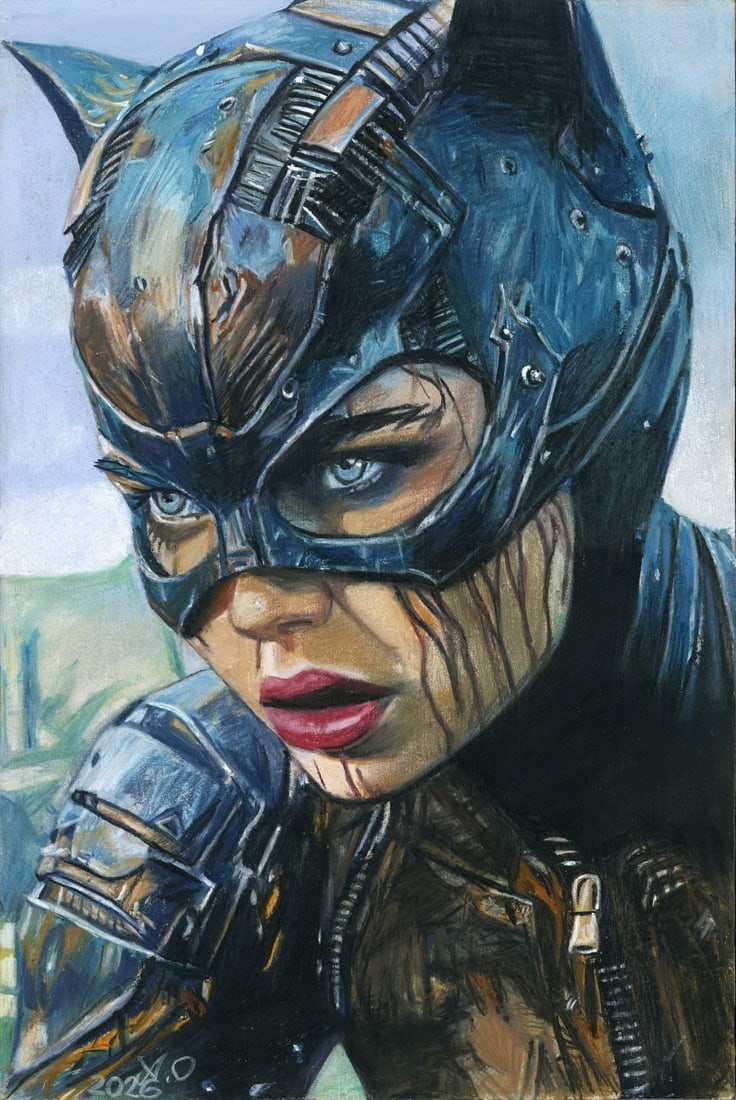 Oleksandr Achkasov (Ukraine,b 1965) pastel painting: ARTIST: Oleksandr Achkasov (Ukraine, born 1965) TITLE: Portrait of Woman in Cat Mask MEDIUM: pastel on heavy paper CONDITION: Very good. ART SIZE: 12 x 8